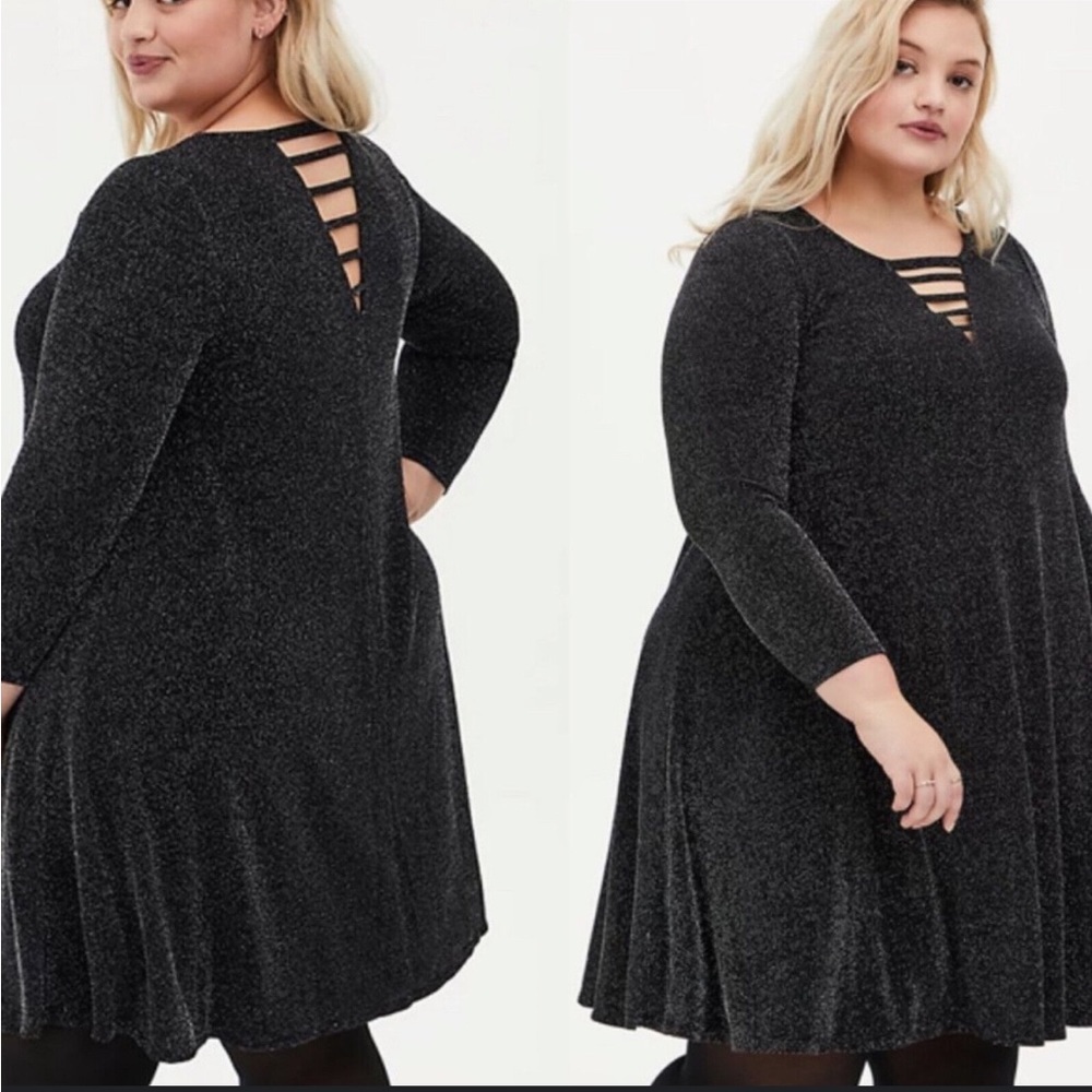 Torrid tinsel shimmer jersey ladder mini trapeze dress